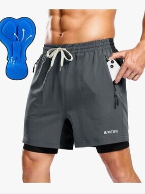 NWT Men's Bike Shorts W/ Padded Seat  Gray Size Large Bikewa Pockets Compression